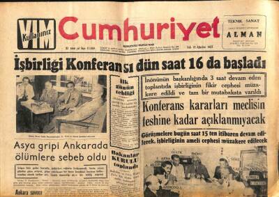 Cumhuriyet Gazetesi 13 Ağustos 1957 - Esnaf Dernekleri Birliği Kongresi Bugün Yapılıyor - Manisada 2 Büyük Yangın GZ96997 - 1