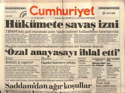 Cumhuriyet Gazetesi 13 Ağustos 1990 - Hükümete Savaş İzni GZ75918 - 1