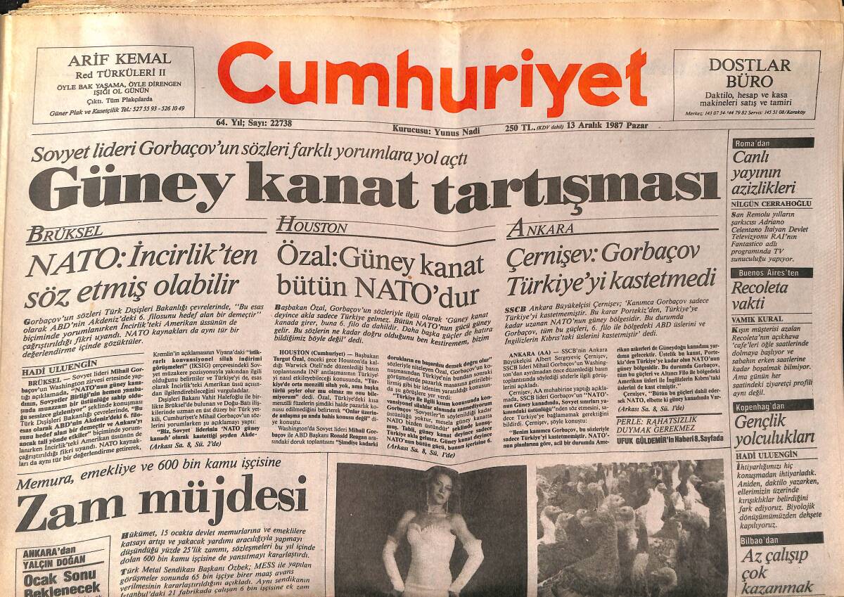 Cumhuriyet Gazetesi 13 Aralık 1987 - Galatasaray Kazanırken Islıklandı - Çernişev: Gorbaçov Türkiye'yi Kastetmedi GZ140030 - 1