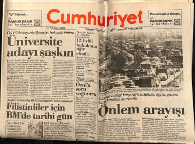 Cumhuriyet Gazetesi 13 Aralık 1988 - Filistinliler İçin BMde Tarihi Gün GZ64419 - 2