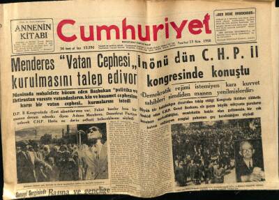 Cumhuriyet Gazetesi 13 Ekim 1958 - Adnan Menderes Vatan Cephesi Kurulmasını Talep Ediyor GZ75995 - 1