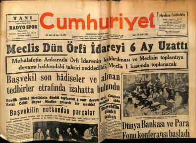 Cumhuriyet Gazetesi 13 Eylül 1955 - Meclis Örfi İdareyi 6 Ay Uzattı GZ78086 - 1