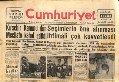 Cumhuriyet Gazetesi - 13 Haziran 1957 - Kırşehir Kanunu Mecliste Kabul Edildi GZ110317 - 1