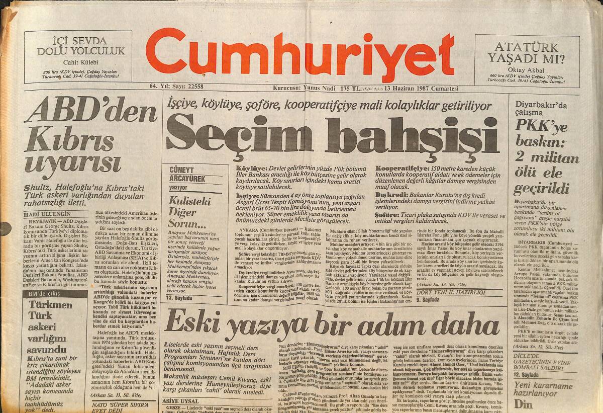 Cumhuriyet Gazetesi 13 Haziran 1987 - ABD'den Kıbrıs Uyarısı - Üçüncü Thatcher Dönemi - Galatasaray Rıdvan'ı Bekliyor GZ140048 - 1