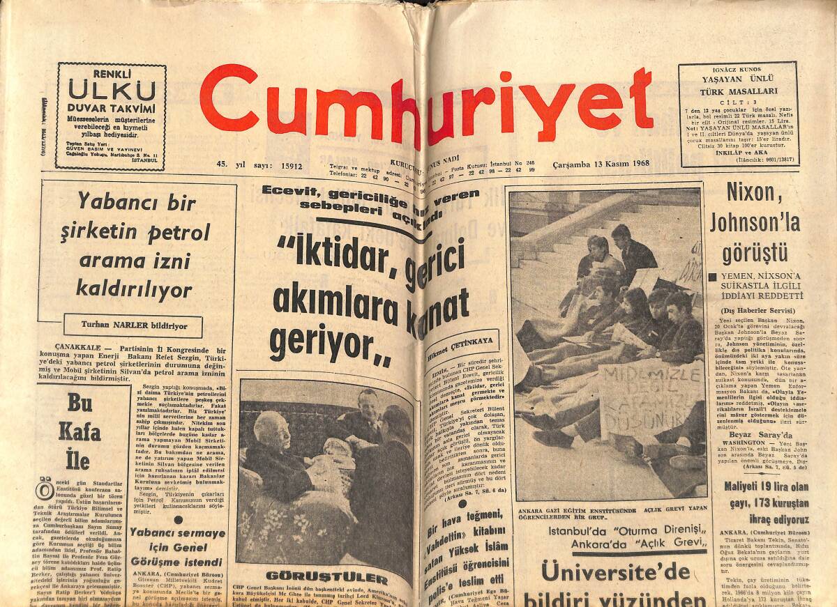 Cumhuriyet Gazetesi 13 Kasım 1968 - Nixon , Johnson'la Görüştü - TİP Genel Yönetim Kurulu Seçimi Yapıldı GZ143379 - 1