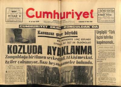 Cumhuriyet Gazetesi 13 Mart 1965 - Kanunsuz Grev Büyüdü Kozluda Ayaklanma GZ58985 - 1