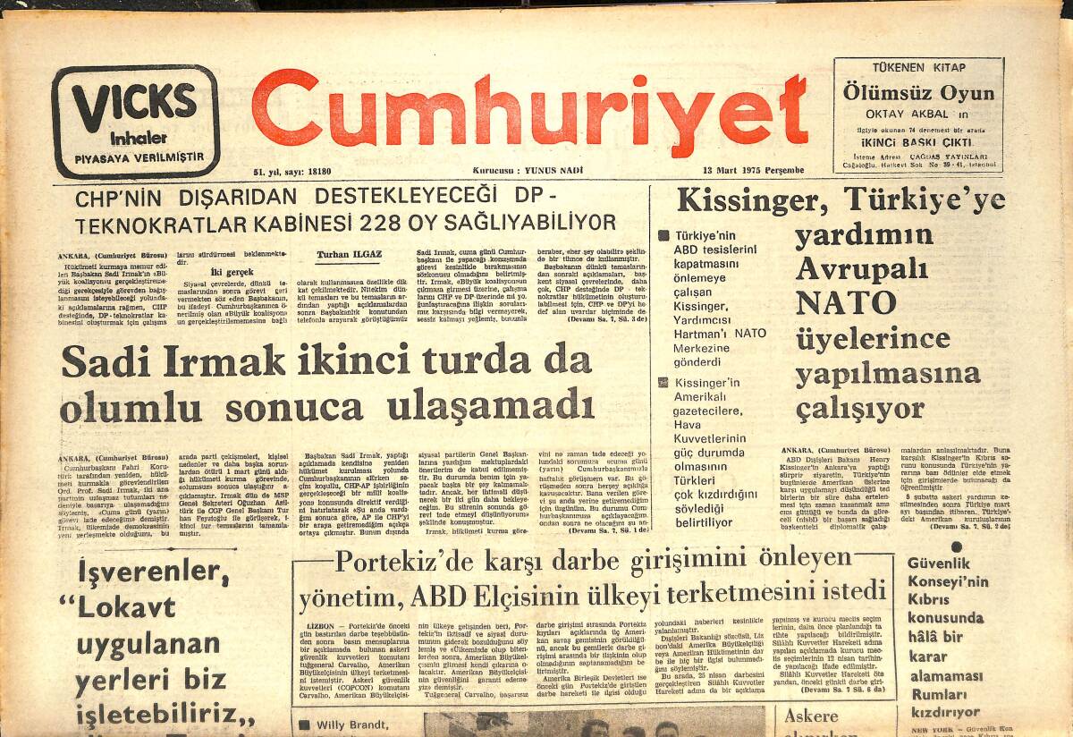 Cumhuriyet Gazetesi 13 Mart 1975 - Sadi Irmak İkinci Turda da Olumlu Sonuca Ulaşamadı - Brezilya'da İş Adamları Yönetime Karşı Çıkıyor GZ143715 - 1