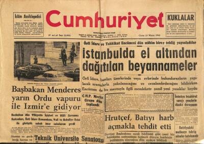 Cumhuriyet Gazetesi 13 Mayıs 1960 - Başbakan Menderes Yarın Ordu Vapuru İle İzmire Gidiyor GZ93001 - 1