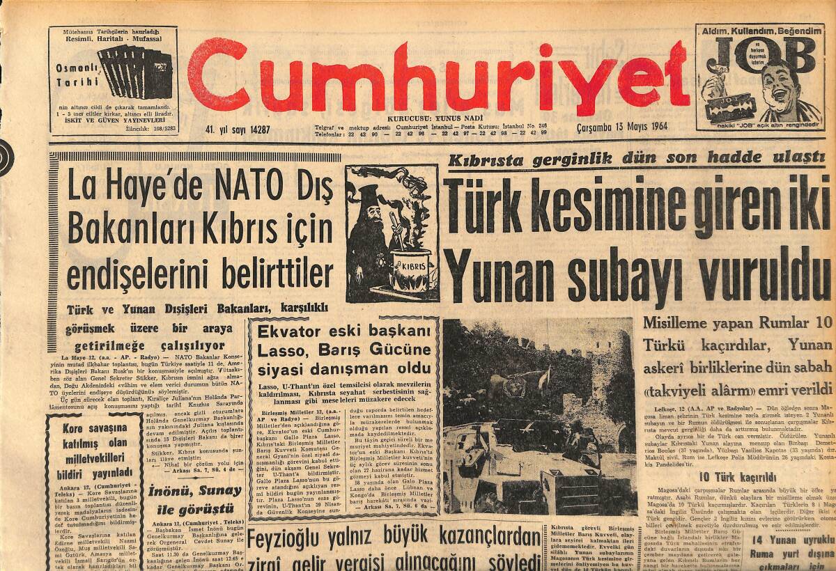 Cumhuriyet Gazetesi 13 Mayıs 1964 - La Haye'de NATO Dış Bakanları Kıbrıs İçin Endişelerini Belirttiler GZ160400 - 1