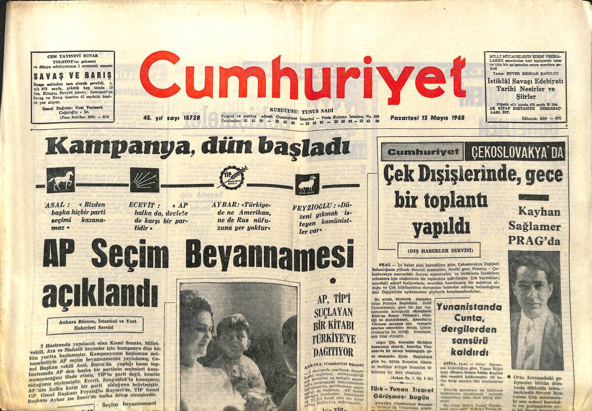 Cumhuriyet Gazetesi 13 Mayıs 1968 - AP Seçim Beyannamesi Açıklandı - Paris Hükümeti Boyun Eğdi! GZ139990 - 1