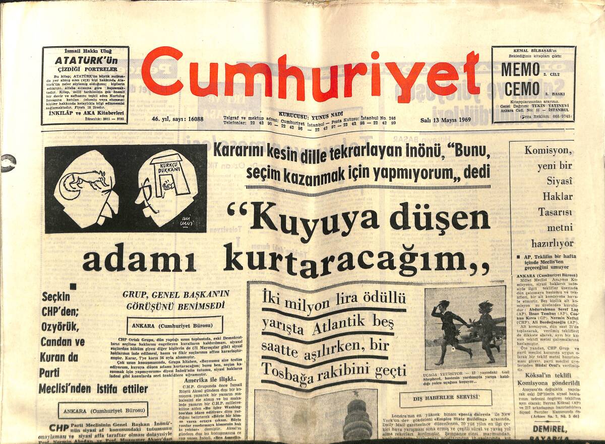 Cumhuriyet Gazetesi 13 Mayıs 1969 - Demirel, Bayar'la Görüşen Yırcalı İle Gizlice Buluştu - Diyanet İşleri Hangi Yolda? GZ140004 - 1