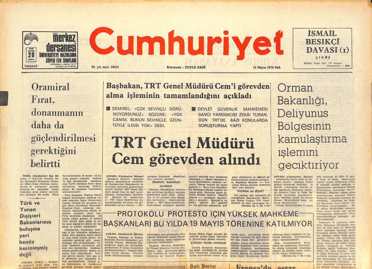 Cumhuriyet Gazetesi 13 Mayıs 1975 - TRT Genel Müdürü Cem Görevden Alındı - En Sert Öğrenci Eylemi Üniversitenin İşgali Oldu GZ143767 - 1