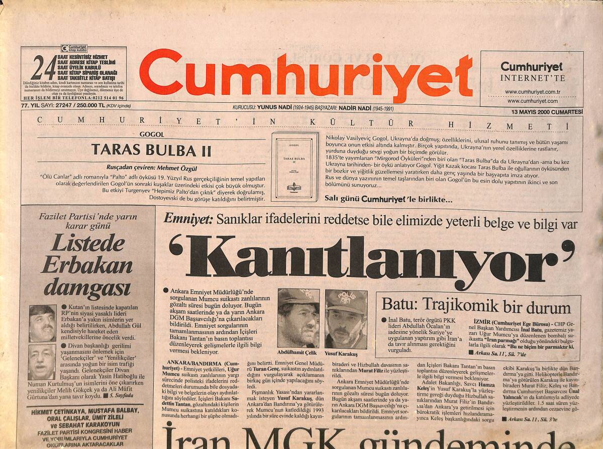 Cumhuriyet Gazetesi 13 Mayıs 2000 - İran MGK Gündeminde - Sait Faik'le Burgaz Adasındayız GZ157582 - 1