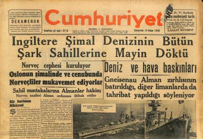 Cumhuriyet Gazetesi 13 Nisan 1940 - İngiltere Şimal Denizinin Bütün Şark Sahillerine Mayin Döktü GZ100958 - 1
