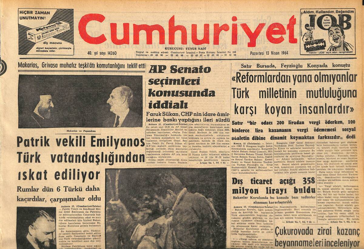 Cumhuriyet Gazetesi 13 Nisan 1964 - Patrik Vekili Emilyanos Türk Vatandaşlığından Iskat Ediliyor - Öktem Londraya Gitti GZ160423 - 1