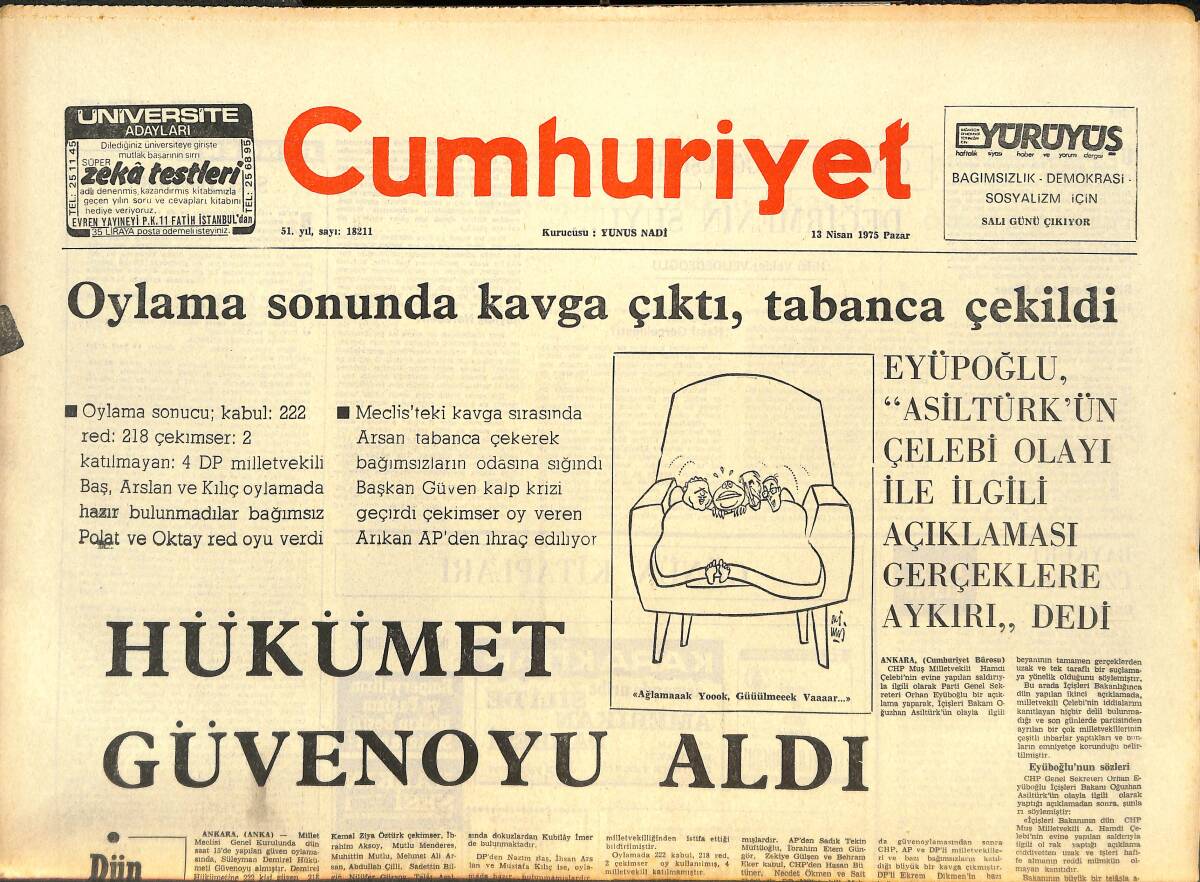 Cumhuriyet Gazetesi 13 Nisan 1975 - Hükümet Güvenoyu Aldı - A Milli Takımında Kondisyon Testinden Kaçıyorlar! GZ143232 - 1