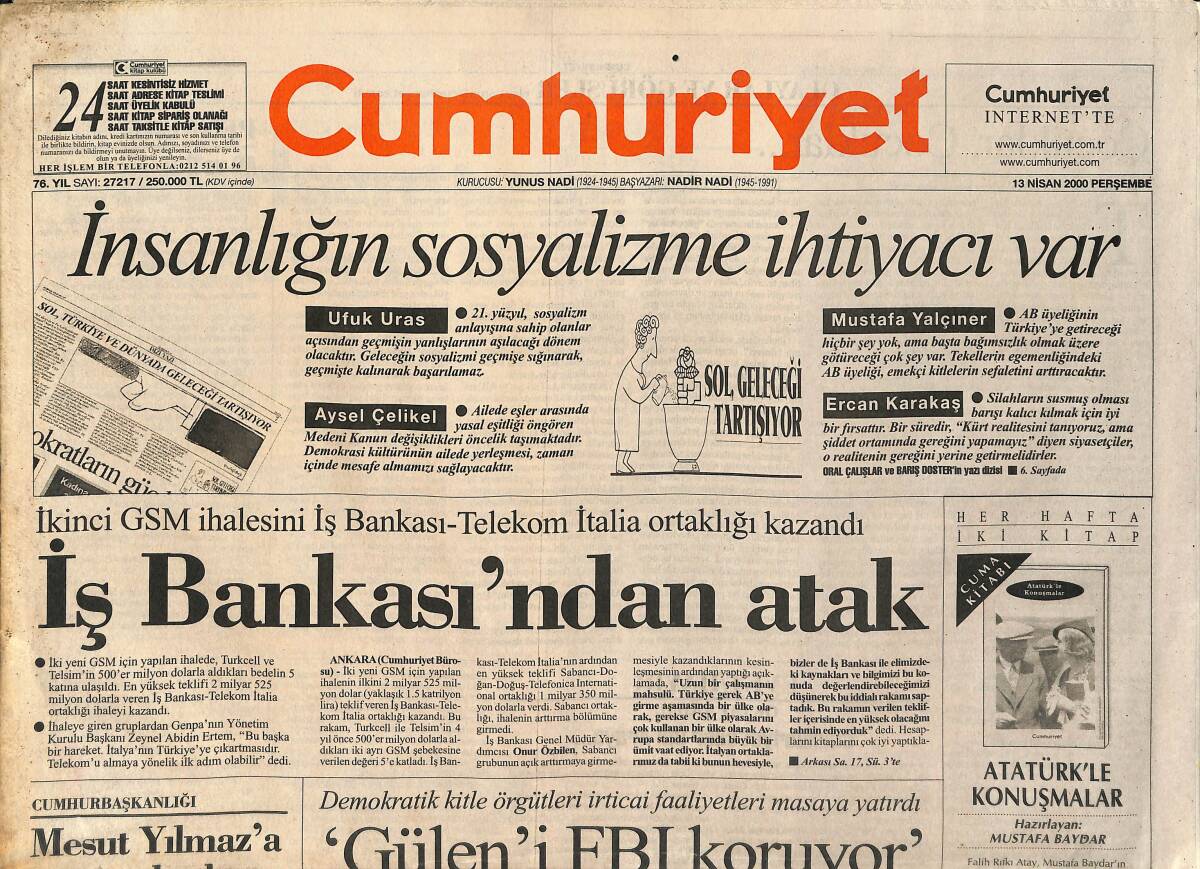 Cumhuriyet Gazetesi 13 Nisan 2000 - Beyazıt'ta Patlama - Kumadam Leonardo - İş Bankası'ndan Atak GZ2647 - 1