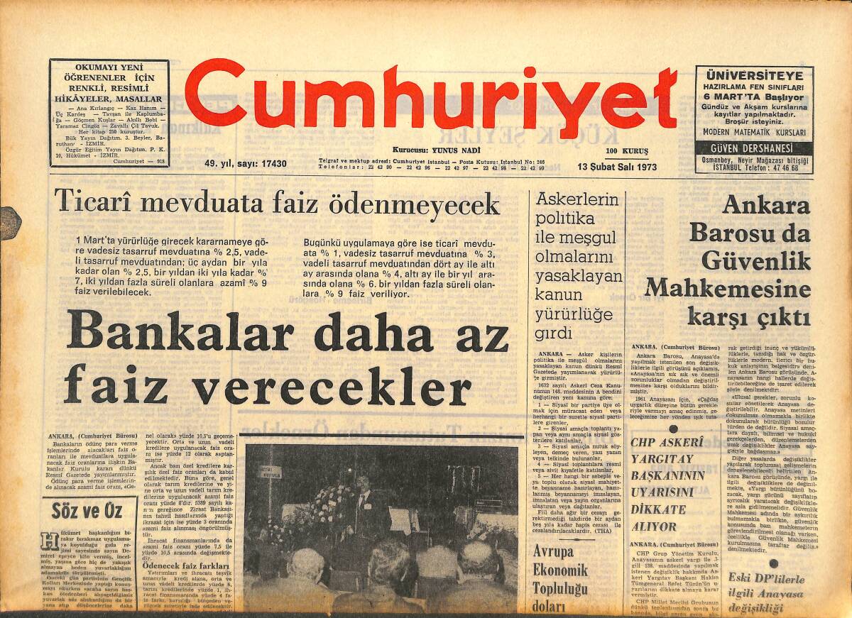 Cumhuriyet Gazetesi 13 Şubat 1973 - İşçi Sendikalarına Baskı Yapıyor - Ankara Barosu Da Güvenlik Mahkemesine Karşı Çıktı GZ143778 - 1