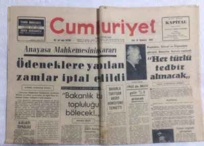 Cumhuriyet Gazetesi 13 Temmuz 1965 - Ödeneklere Yapılan Zamlar İptal Edildi - GZ19489 - 1