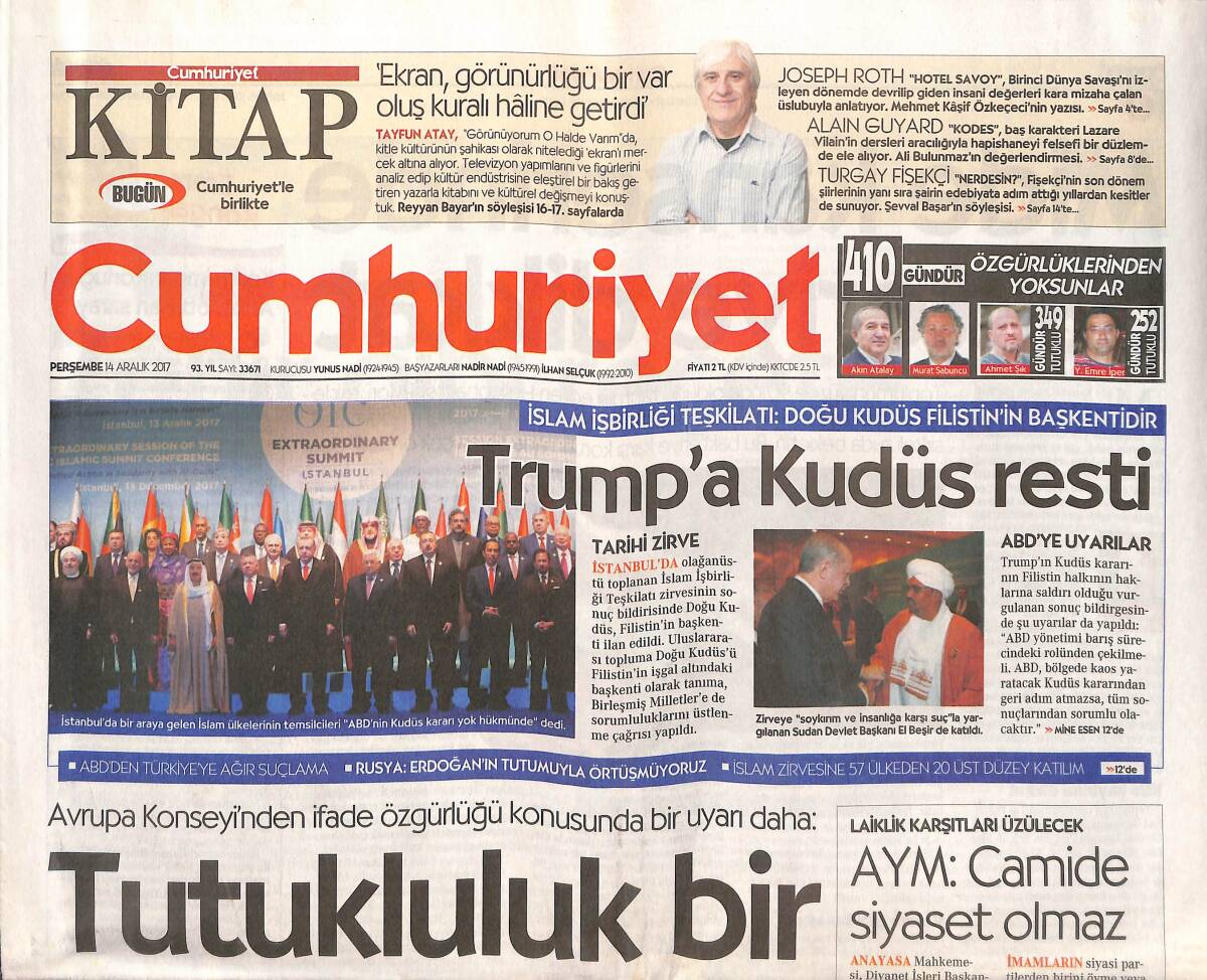 Cumhuriyet Gazetesi 14 Aralık 2017 - Trump' a Kudüs Resti - Avrupa Konseyi: Tutukluk Bir İstisna Olmalı GZ135365 - 1