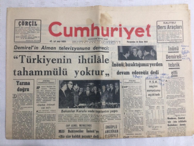 Cumhuriyet Gazetesi 14 Ekim 1965 - Demirelin Alman Televizyonuna Demeci Türkiyenin İhtilale Tahammülü Yoktur - GZ19123 - 1