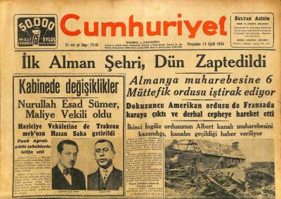 Cumhuriyet Gazetesi 14 Eylül 1944 - Nurullah Esad Sümer , Maliye Vekili Oldu GZ100972 - 1