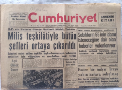 Cumhuriyet Gazetesi 14 Eylül 1960 - Sabıkların 55 inin İdamı İsteneceğine Dair Haberler Yalanlanıyor - GZ19320 - 1