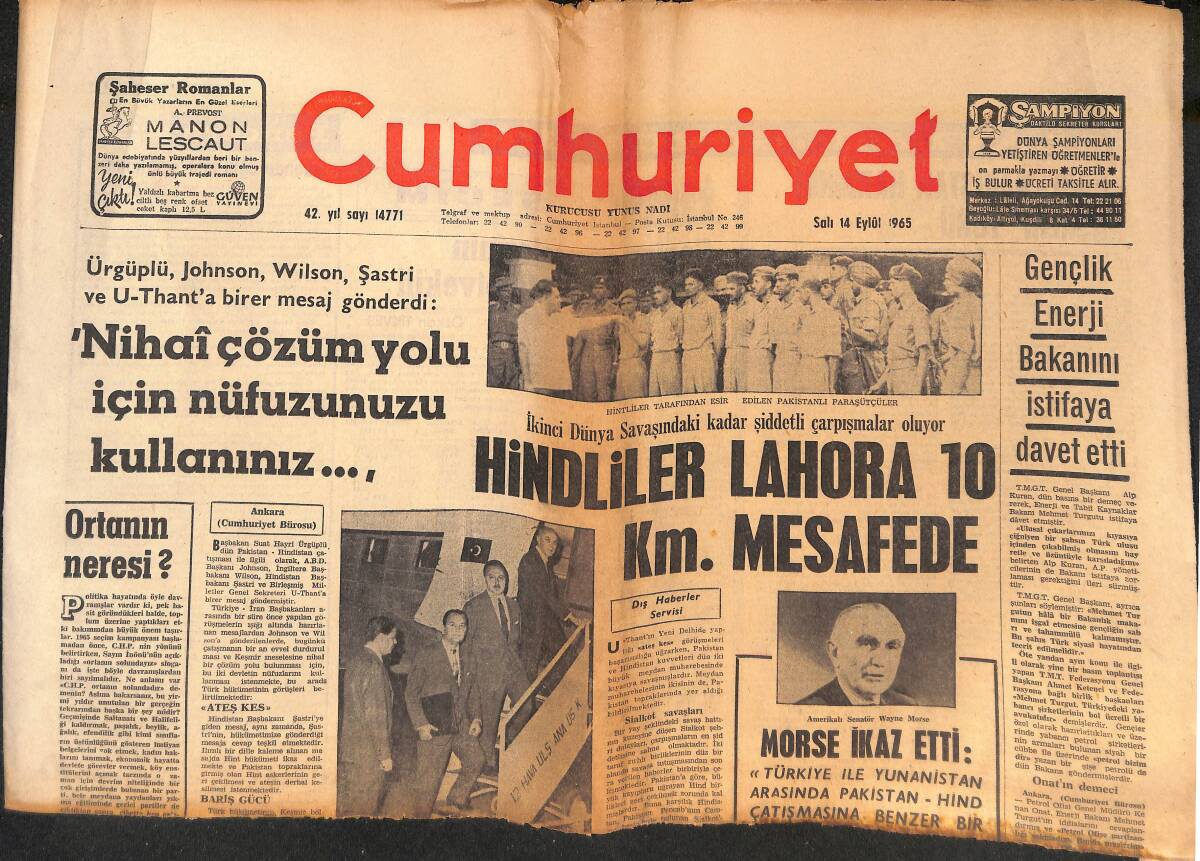 Cumhuriyet Gazetesi 14 Eylül 1965 - Müfettişler Bakana Rapor Beğendiremedi! - Gençlik Enerji Bakanını İstifaya Davet Etti! GZ139946 - 1