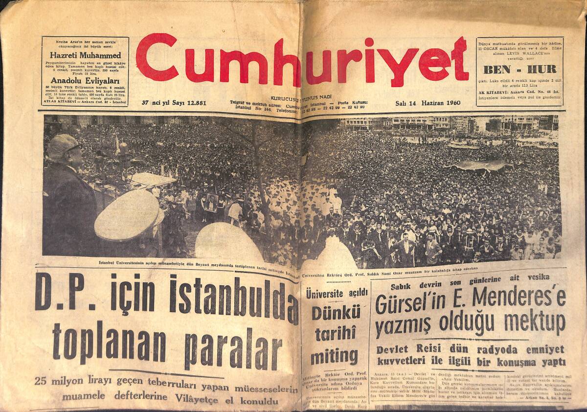 Cumhuriyet Gazetesi 14 Haziran 1960 - D.P. İçin İstanbulda Toplanan Paralar - Gürsel'in E. Menderes'e Yazmış Olduğu Mektup GZ153985 - 1