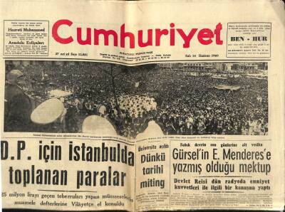 Cumhuriyet Gazetesi 14 Haziran 1960 - D.P. İçin İstanbulda Toplanan Paralar GZ92487 - 1