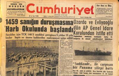Cumhuriyet Gazetesi 14 Haziran 1963 - Ağanoğlu Dün Sabah İnönüye İstifasını Verdi - 1459 Sanığın Duruşmasına Harb Okulunda Başlandı GZ120676 - 1