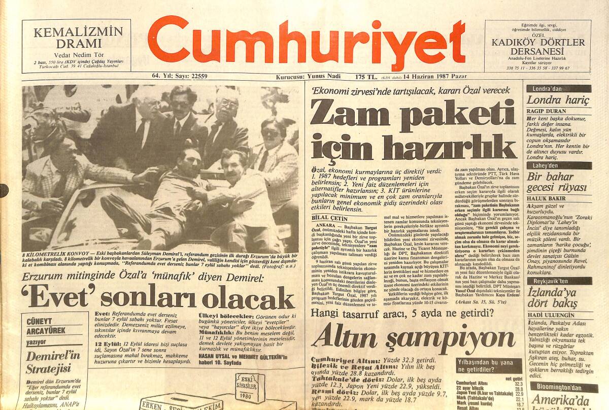 Cumhuriyet Gazetesi 14 Haziran 1987 - Papa'dan Walesa'ya Destek - Özal'dan Sonra Göcek Modası Başladı GZ140039 - 1