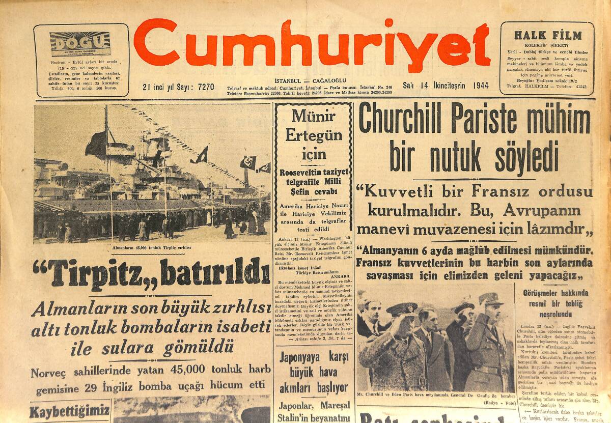 Cumhuriyet Gazetesi 14 Kasım 1944 - Churchill Paris'te Mühim Bir Nutuk Söyledi - İngiliz Büyük Elçisi Şerefine Kokteyl Parti GZ153432 - 1