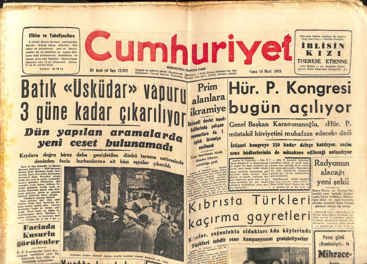 Cumhuriyet Gazetesi 14 Mart 1958 - Kıbrıs'ta Türkleri Kaçırma Gayretleri - Ordu Takımı Lüksemburg'u 6-2 Yendi GZ139145 - 1