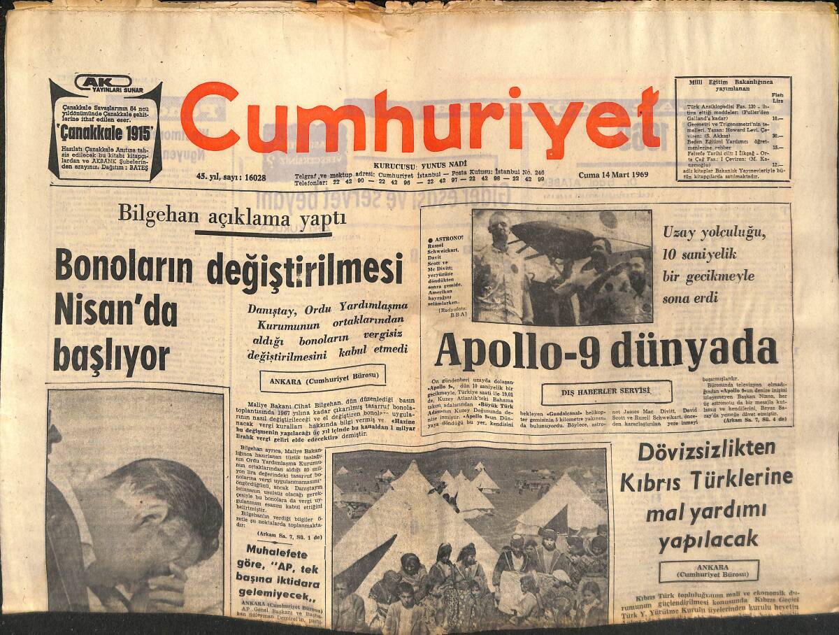 Cumhuriyet Gazetesi 14 Mart 1969 - Bonoların Değiştirilmesi Nisan'da Başlıyor - Siyasi Hakların İadesi Pazarlık Konusu GZ139919 - 1