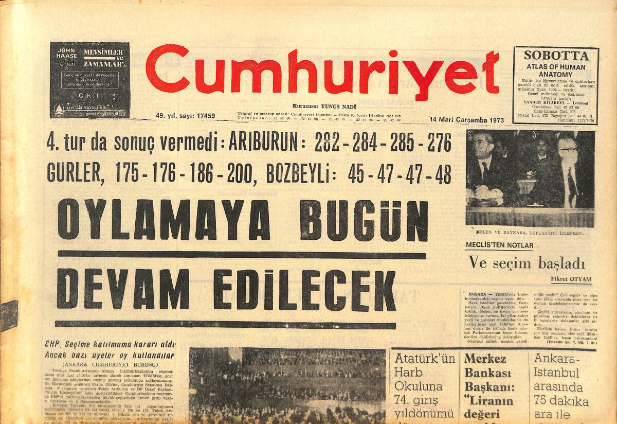 Cumhuriyet Gazetesi 14 Mart 1973 - Yüksek Okullarda Dersler Aksıyor! - 24 Atlet Açız Diye Bağırıyor! GZ143171 - 1