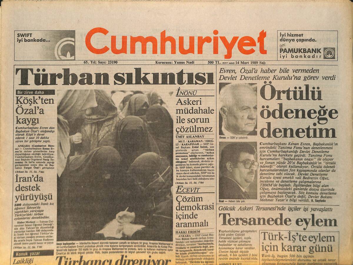 Cumhuriyet Gazetesi 14 Mart 1989 - Türban Sıkıntısı - Demirel'den Meydan Çağrısı - Galatasaray Maça Hazır GZ133915 - 1