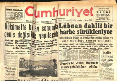 Cumhuriyet Gazetesi 14 Mayıs 1958 - Lübnan Dahili Bir Harbe Sürükleniyor - Nixon Tekrar Taşlandı GZ120435 - 1