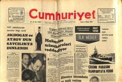 Cumhuriyet Gazetesi 14 Mayıs 1965 - Kıbrısta Makarios Müzakereleri Reddediyor..Almanya 60 Adet F84 Jet Ve 150 Adet M48 Tank Hibe Ediyor GZ59004 - 1