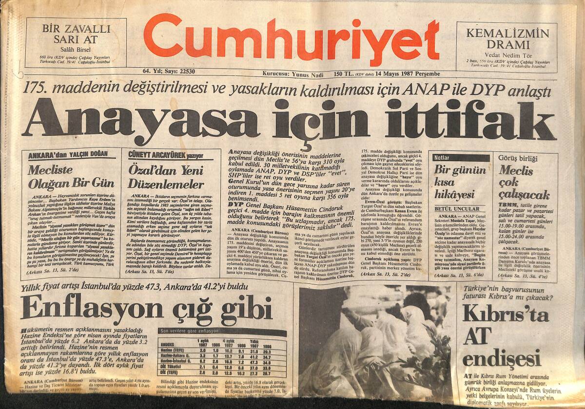 Cumhuriyet Gazetesi 14 Mayıs 1987 - Anayasa İçin İttifak - Kıbrıs'ta At Endişesi - İsrail'de Kriz Dorukta GZ139901 - 1