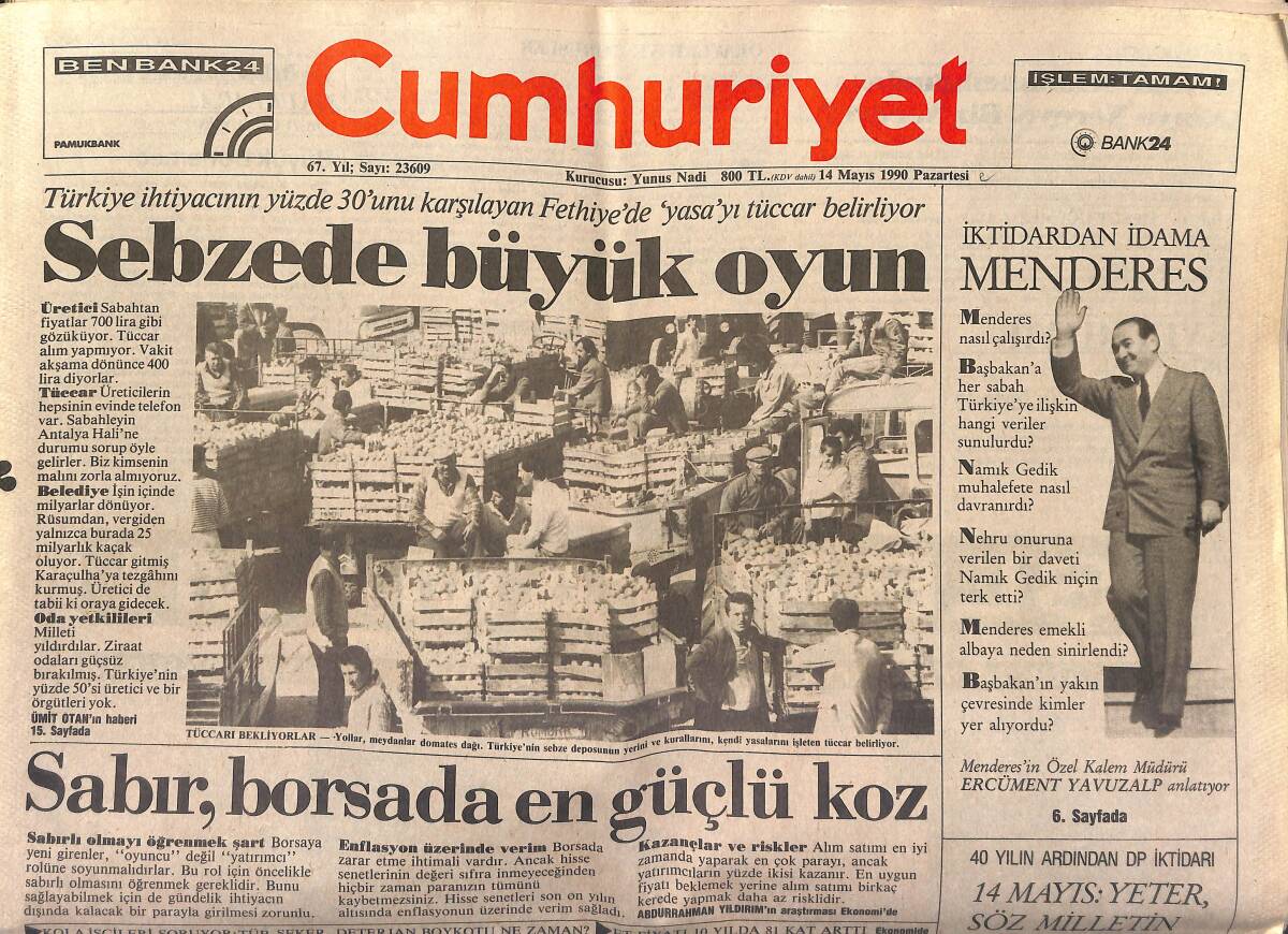 Cumhuriyet Gazetesi 14 Mayıs 1990 - Osmanlı Sanatına Milyonlar Yağdı - Sabır , Borsada En Güçlü Koz GZ151782 - 1