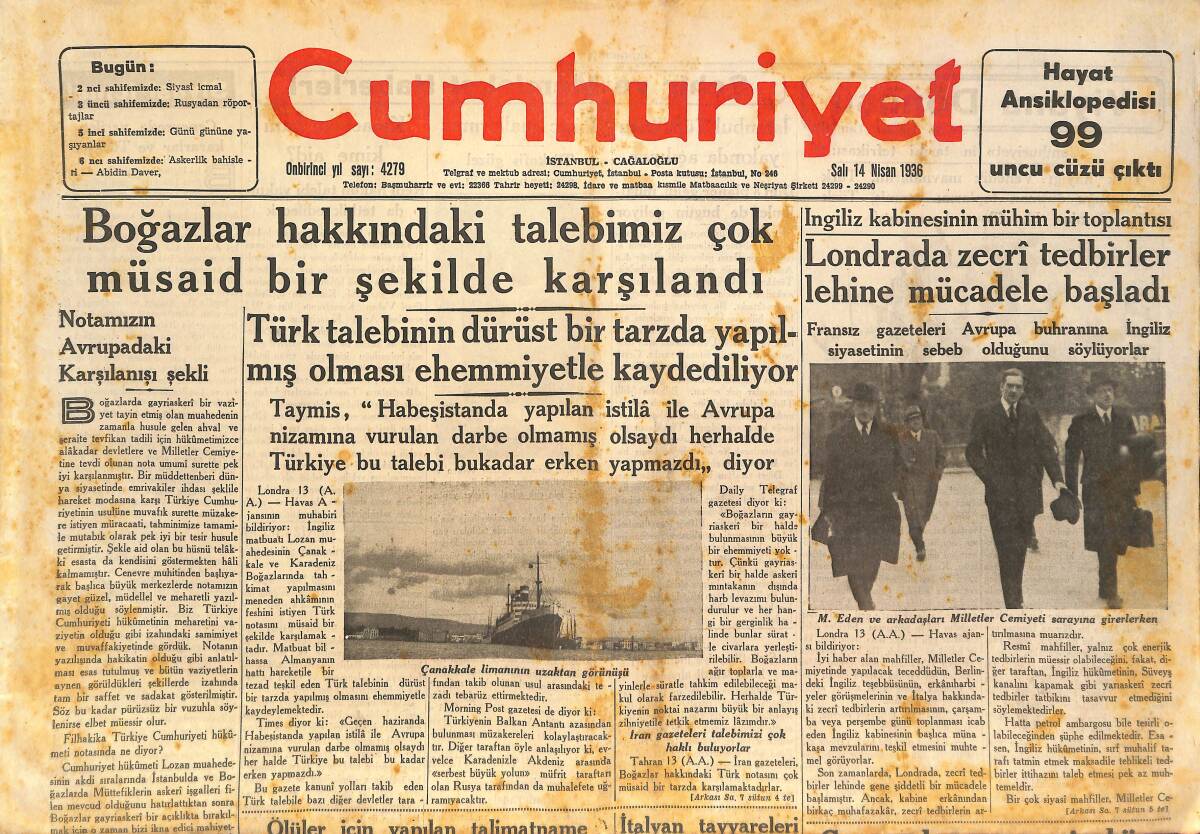 Cumhuriyet Gazetesi 14 Nisan 1936 - Londra'da Zecri Tedbirler Lehine Mücadele Başladı - Şehir Meclisinde Şiddetli Münakaşalar Oldu GZ146544 - 1
