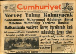 Cumhuriyet Gazetesi 14 Nisan 1940 - Abdülhak Hamid İhtilafi - Norveç Yalnız Kalmayacak GZ100955 - 1