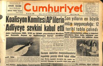 Cumhuriyet Gazetesi 14 Nisan 1963 - Son Yılların En Büyük Müze Soygunculuğu 12 Tarihi Tablo Çalındı GZ120501 - 1