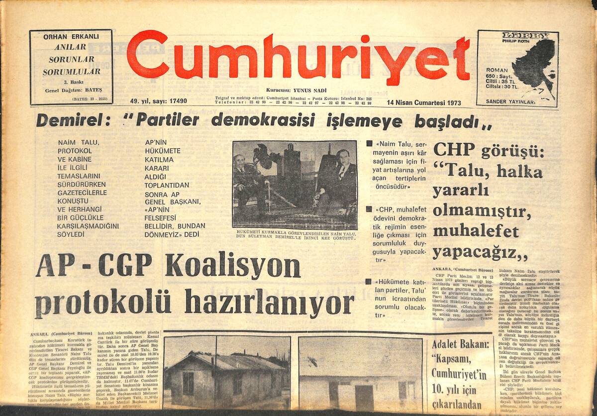 Cumhuriyet Gazetesi 14 Nisan 1973 - AP - CGP Koalisyon Protokolü Hazırlıyor - Türk Güreşi Yeniden Doğuyor! GZ143030 - 1