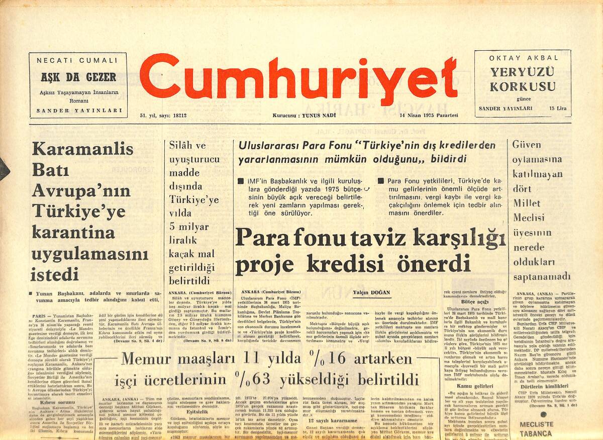 Cumhuriyet Gazetesi 14 Nisan 1975 - Para Fonu Taviz Karşılığı Proje Kredisi Önerdi - TRT Genel Müdürü Yaptıklarını Ve Yapacaklarını Anlattı! GZ143231 - 1