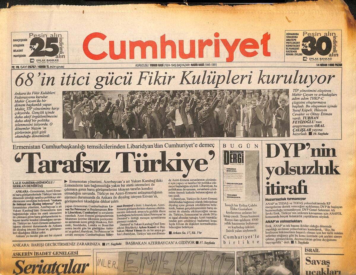Cumhuriyet Gazetesi 14 Nisan 1996 - Galatasaray'ın Çifte Misyonu - İsrail 2 Gündür Vuruyor GZ147994 - 1