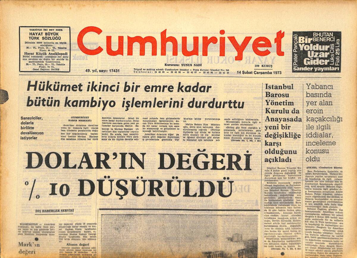 Cumhuriyet Gazetesi 14 Şubat 1973 - Darphanede Dün Çıkan Yangın, Hasara Yol Açtı - Nevzat Pesen'in Beklenmedik Ölümü GZ143779 - 1