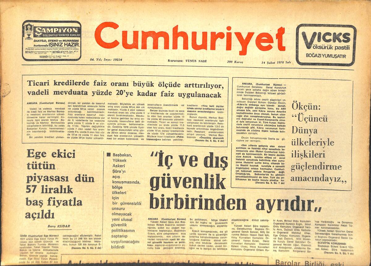 Cumhuriyet Gazetesi 14 Şubat 1978 - Beşiktaş Danıştay'a Başvuruyor - Ege Ekici Tütün Piyasası Dün 57 Liralık Baş Fiyatla Açıldı GZ143134 - 1