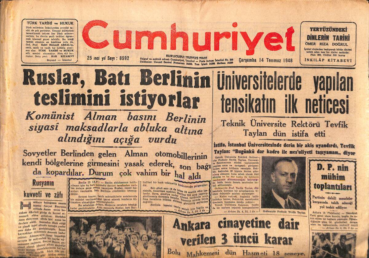 Cumhuriyet Gazetesi 14 Temmuz 1948 - Ruslar , Batı Berlin'in Teslimini İstiyorlar - Florya Sahillerine Gece Basan Kasvet GZ149670 - 1